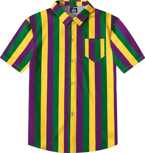 COSLAND Boys' Mardi Gras Button Down Shirt, Kids Novelty Striped Top, X-Small-Large