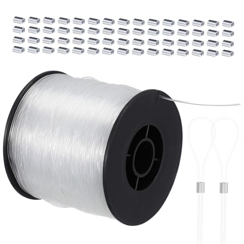 Hemobllo Cordón para Colgar Cuadros de Nailon Transparente 1 Juego de 200 Metros X 0,80 Mm Incluye 60 Piezas de Aluminio Cuerda para Marcos de Fotos