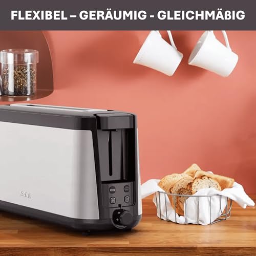 Foto von Tefal Element TL4308 Langschlitz-Toaster, 1000 W, Edelstahl/Schwarz – Für 2 lange Scheiben, 7 Bräunungsstufen, Integrierter Brötchenaufsatz, Elegantes Design