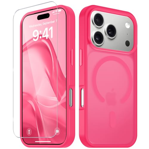 Image of YENAPOON for iPhone 17 Pro Case, Matte Magnetic Phone Cover [with 1 Screen Protector] [Support for MagSafe] [Shockproof Military Grade Protection] Translucent Frosted Back, Hot Pink