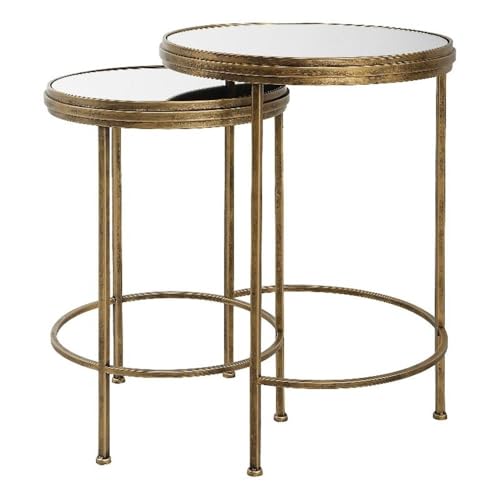 Pemberly Row Coastal Metal Nesting Tables, Antique Brushed Gold Finish, Mirror Tops, Set of 2, Large 24' H x 17.75' W x 17.75' D, Medium 21' H x 15' W x 15' D, Contemporary Transitional Style