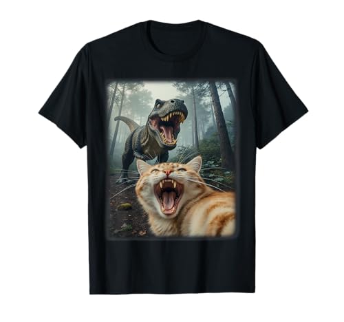 Cat Selfie with T-Rex Dinosaur Dino T Rex Cat Selfie Funny T-Shirt
