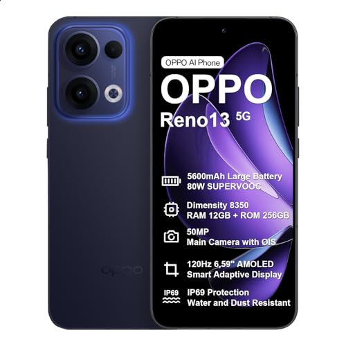 OPPO Reno13 5G 12 256GB, Smartphone Android Sbloccato con IA, Telefono Cellulare, Dimensity 8350 5G, Schermo 6,59' AMOLED 120Hz, SUPERVOOC 80W, 5600mAh, IP69, Fotocamera AI 50MP, Video 4K, NFC, Blu