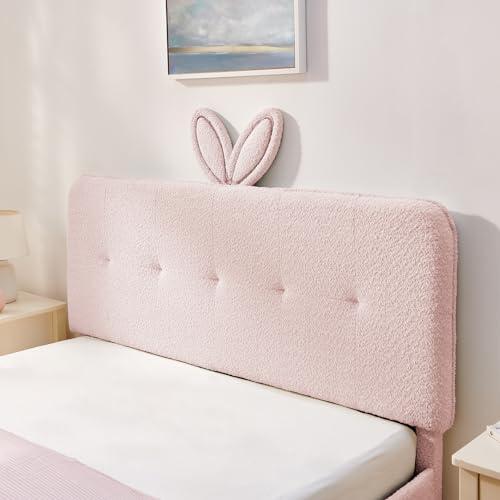 Image of Queen Led Bed Frame with 4 Storage Drawer, Upholstered Platform Floor Bed with Rabbit Ear Headboard Daybed Strong Wooden Slats No Box Spring Needed for Kids Girls Boys, Pink