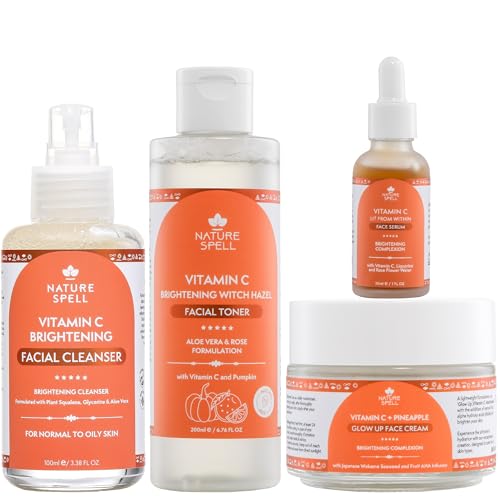 Nature Spell Vitamin C & Fruit AHA Brightening Skincare Set, Face Wash, Toner, Serum & Face Cream, Hydrating & Refreshing, Vegan, Cruelty Free, Alcohol Free, Pack of 4