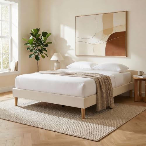 IDIMEX Sommier tapissier QUIMPER 140 x 190 cm Structure en Bois et revêtement en Tissu Blanc crème, Cadre de lit avec Pieds et sommier à Lattes déhoussable pour 2...