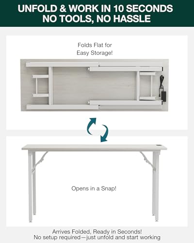 Image of Frylr Small Folding Computer Desk - 55.1 Inch Portable Table for Craft and Study, Lightweight Desk for Small Spaces, Foldable Laptop Table Built-in AC /USB Outlets for Convenience, White Ash