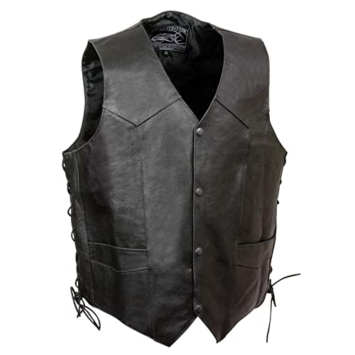 ELM3915 Men's Black Side Lace Motorcycle Leather Vest with Skull and Cross Bones Emboss3