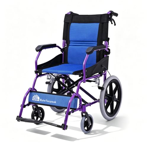 ByteTecpeak M3 Ultraleicht Rollstuhl Faltbar Leicht Transitrollstuhl Bremse an den Griffen Reiserollstuhl für Behinderteund Senioren FuBstütze Armlehnen leicht Sitzfläche 45 cm Lila