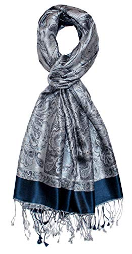 Lorenzo Cana Bufanda de lujo para hombre, chal jacquard, tejido 100% seda, estampado de cachemira, bufanda de seda, pañuelo de seda, bufanda para hombre, multicolor, 70 x 190 cm, azul/gris, 70 x 190