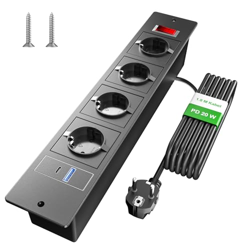 Versenkte Steckdosenleiste mit USB-C & Schalter - 4-Fach Tischeinbau-Steckdose mit 1.8m Kabel für Konferenztisch und Sofatisch