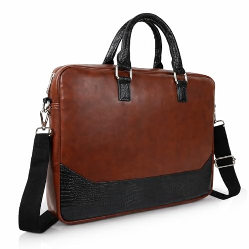 Image of Premium Vegan Leather Laptop Bag for Men | Office Briefcase with Shoulder Strap | Stylish Business Messenger Bag for 15.6 Inch Laptop, Documents & Travel (Tan & Black)