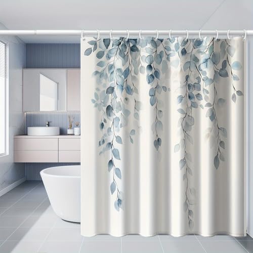 Rideau de douche imperméable motif feuilles bleu turquoise