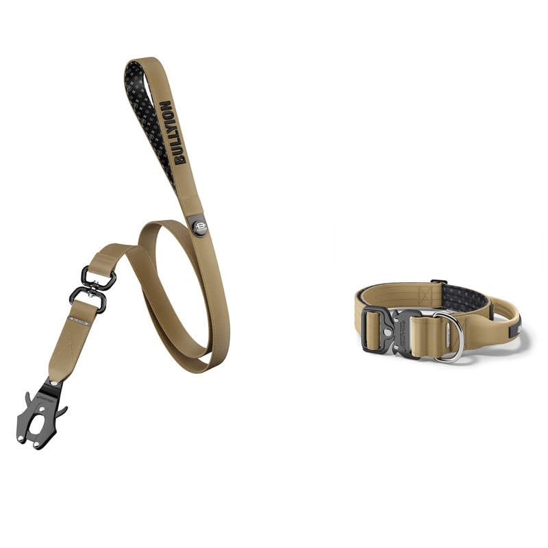 Bullyion ® Original Equipment All Action Swivel Lead 1.4 m & Heavy Duty Tactical Dog Collar with Handle - Softcell Padding – Lockforce Buckles (GRENADIER TAN - WIDTH 5 cm - SIZE MEDIUM)