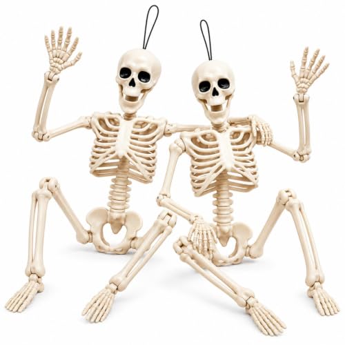 2 Pack 15.7 Inches Poseable Full Body Skeleton Decorations, Small Halloween Skeleton Props with Movable Joints, Indoor Outdoor Halloween Decorations for Parties, Haunted House, and Yard Décor