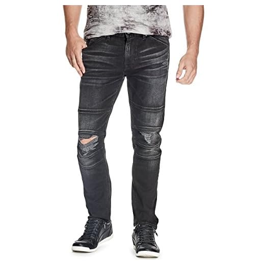 GUESS Men Low Rise Slim Fit Tapered Leg Moto Jean, Encore WASH Black W/Destroy, 32W X 32L