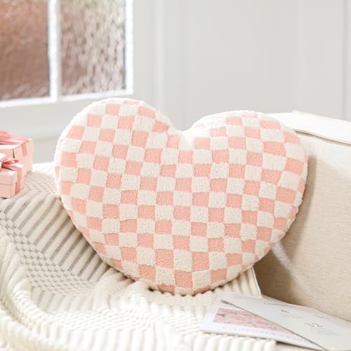 Beeveer Heart Pillow Pink Heart Shaped Pillow Fluffy Soft Checked Decorative Pillows Large Heart Lov