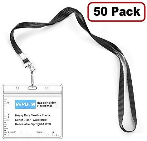 KEYLION Horizontal Nametag Name Badge Holder with Woven Lanyard Sets (Black, Non-Breakaway,50 Pack)- Thick Flat Neck Lanyard with Heavy Duty Clear Plastic Waterproof Type Resealable Zip Sleeve Pouch