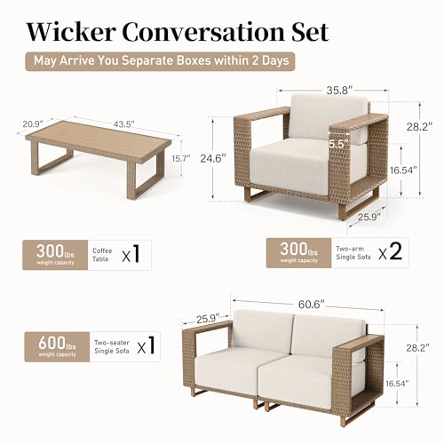 Image of SUNSHINE VALLEY 4 Pieces Patio Furniture Set, Outdoor Rattan Wicker Conversation Set with 10''Ultra-Thick Cushions, Low Profile Patio Conversation Set for Lawn Garden Backyard,Beige