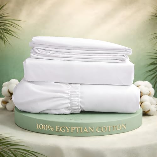Sheets California King Size Bed Sheets-100% Long Staple Soft Egyptian Cotton SheetSet, 4 Piece Set-Upto 15" Deep Pocket-Pure Egyptian Cotton Bed Sheets Set (White)