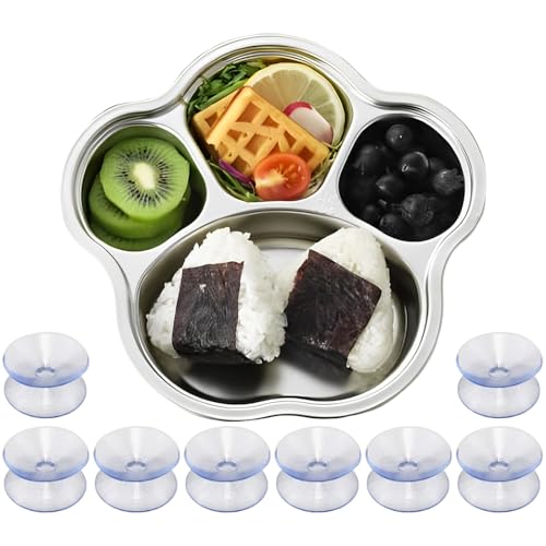 Guador Plato Bebé Con 8 pequeñas ventosas, Bandeja de Acero Inoxidable Garra de Gato Vajilla Infantil Plato Succión Dividido Destete del Bebé Utensilios Autoalimentación Alimentación para Bebés