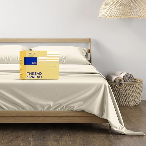 THREAD SPREAD Egyptian Cotton Queen Sheet Set - Luxury 600 Series Sheets Queen Size Bed Set (4 PC, Ivory), 16" Deep Pocket All Around Elastic, Soft, Sateen Weave, Durable Hotel Bed Sheet Sets