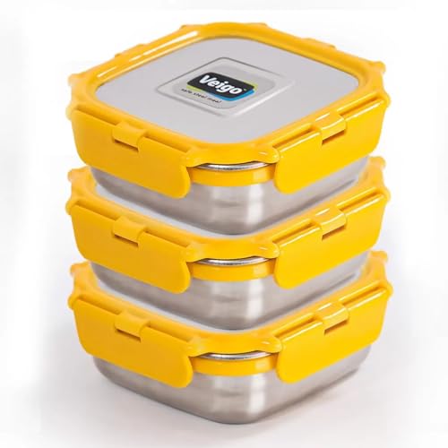 Image of Veigo Original Set Pack of 3 Stainless Steel Airtight & Leakproof Medium Lunch Box with Silicon Ring & Polymer Frame for Re-Heating|Safe Lid Lock|Square (330ML) Yellow