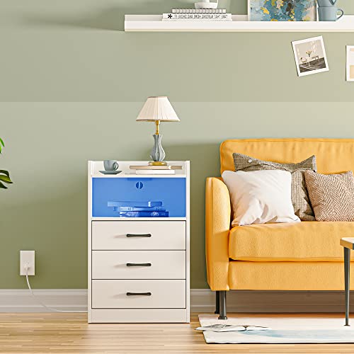 Superjare Nightstand With Led Strip Light And Charging Station - 3 Drawers Bedroom End Table, 2 Usb Ports, 2 Outlets, Bed Side Table With Remote, Open Storage, Metal Handles - White #TOP5