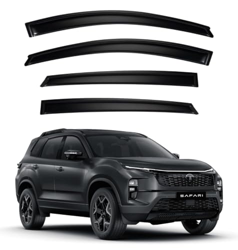 Image of Premium Smoke Car Door Visor Front+Rear Sun /Rain Guard Outside Mount Tape-On Window Visors Compatible with Tata Safari EV (2025-2026)
