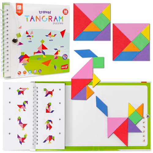 CZTCDP Travel Tangram Puzzle with 2 Sets Magnetic Jigsaw Boards & 368 Patterns and Solutions, Montessori STEM Airplane & Road Trip Games, Educational Brain Teaser Toy Gift for Kids & Adults