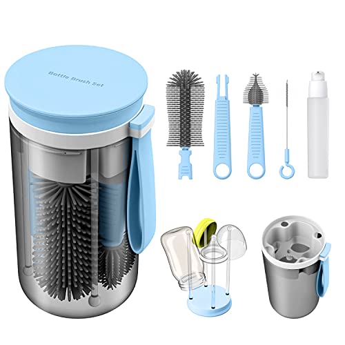 Image of ZHENNIAN Travel Baby Bottle Brush Set with Durable Silicone Bottle Brush，Nipple Brush，Portable Baby Bottle Drying Rack，Straw Cleaner Brush，Baby Bottle Soap Dispenser，New Born Essentials for Baby