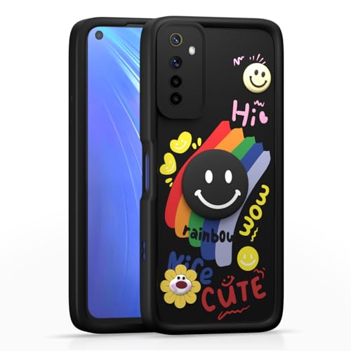 Image of Pikkme Back Cover for Realme 6 / 6i | Soft Silicone| Cute Rainbow Smile & 3D Cartoon Flower Design | Shockproof Raised Camera Protection Bumper Case (Black)