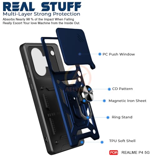 Image of Armor Bumper Back Cover Case for Realme P4 5G Rotating Camera Cover, Ring Holder & Kickstand | Heavy Duty & 360 Degree Protection Realme P4 5G Back Cover (Blue)