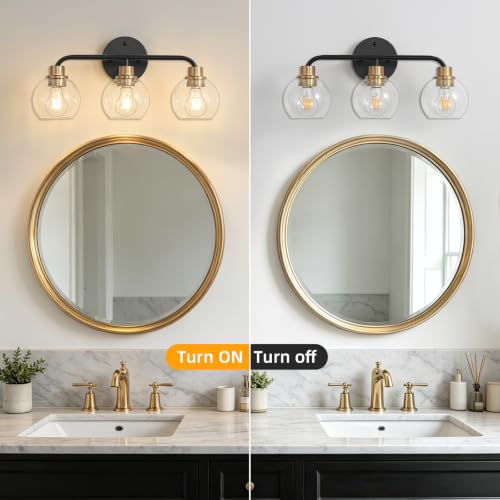 Image of 3 Light Bathroom Vanity Light, Black and Gold Bathroom Light Fixtures