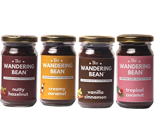 Image of The Wandering Bean Combo Pack Flavored Instant Coffee (Hazelnut + Caramel+ Vanilla Cinnamon + Coconut) Combo of (4x60g)