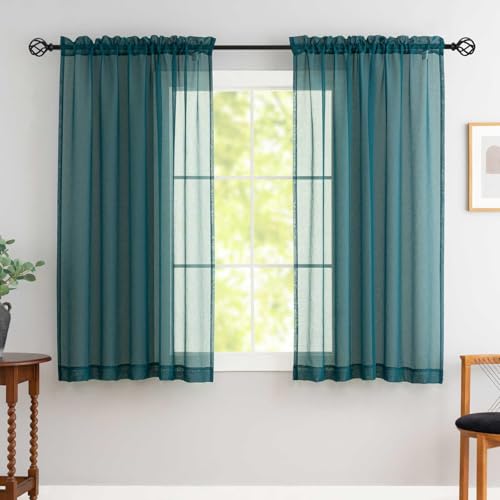 Image of Sheer Green Curtains, Sheer Curtains 63 inch Length 2 Panels Set, Rod Pocket Voile Fimly Sheer Drapes for Living Room /Bedroom, Light Filtering Curtain for Small Window 2pcs, Each 52 inch W x 63 inch L