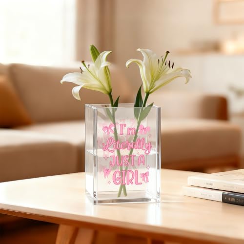Image of I'm Literally Just A Girl Acrylic Cosmetic Organizer Pen Holder, Funny Acrylic Desk Holder Cup for Pen Pencil, Cute Office Gifts for Women Coworker, Pink Birthday Gifts for Bow Lover Daughter