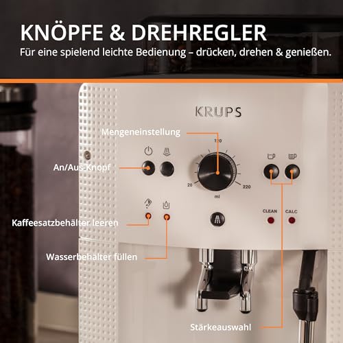Foto von KRUPS Arabica Picto Kaffeevollautomat, kompaktes Design, einfache Bedienung, intuitiv einstellbarer Drehregler, Milchschaumdüse, 2-Tassen-Funktion, Kaffeemaschine, Weiß, EA810570