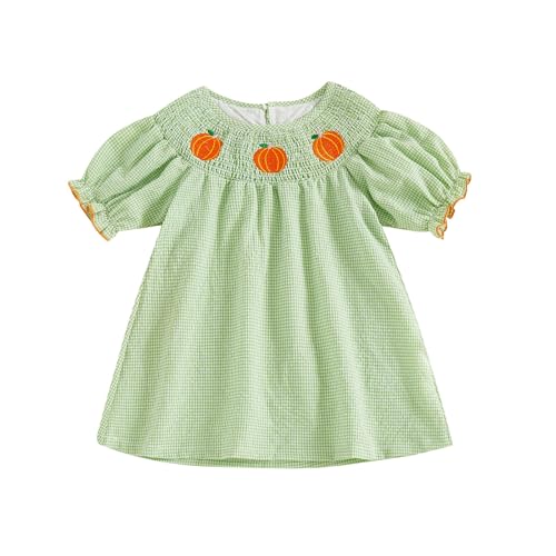 Toddler Halloween Clothes Baby Kids Girls Puff Sleeve Pumpkin Dress Embroidery Plaid Smocked Dress Fall Party Dresses