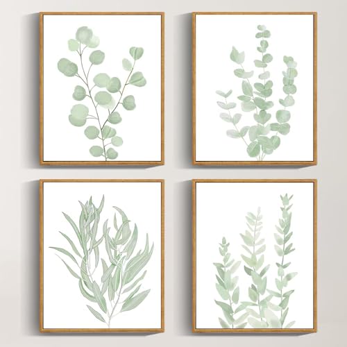 Drsoum Framed Botanical Plant Canvas Wood Wall Art Light Green Sage Wall Decor Eucalyptus Leaf Picture for Bedroom Living Room Bathroom Office 8”x 10” x 4pcs