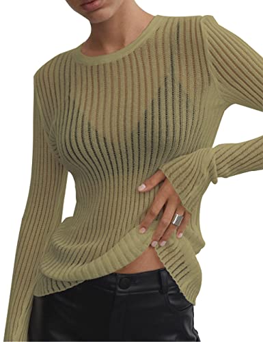Image of KAMISSY Women See Through Crew Neck Sheer Mesh Knitted Sweater Solid Basic Long Sleeve Loose Fit Knit Pullover Jumper Top