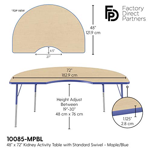 Image of FDP Kidney Activity School and Office Table (48 x 72 inch), Standard Legs with Swivel Glides for Collaborative Seating Environments, Adjustable Height 19-30 inches - Maple Top and Blue Edge