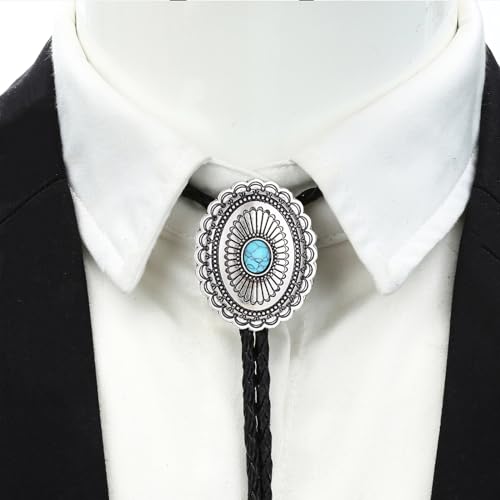 Image of Turquoise Bolo Tie for Men, Leather Braided Necktie Western Cowboy Bola Tie Costume Accessories for Men Women