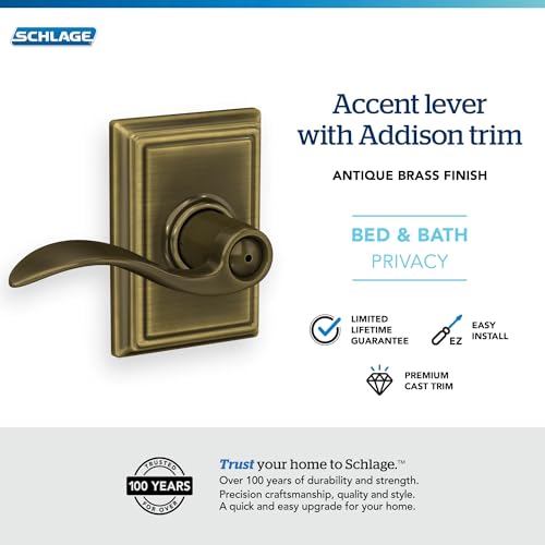Image of Schlage Lock Company F40ACC609ADD Addison Collection Accent Privacy Lever, Antique Brass