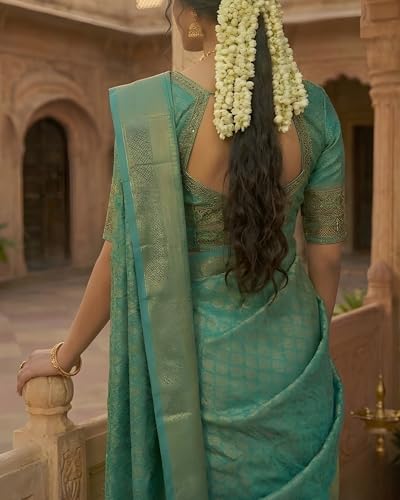 Image of Women's Jacquard Semi-Stitched Lehenga Choli Set with Dupatta (Cream-Firozi) Traditional Indian Wedding Lehenga Saree Style Ethnic Bridal, Mehendi & Festive Outfit for Women & Girls