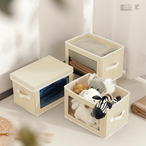 Image of Homsorout Fabric Storage Bins with Lids, Storage Cubes with Window, Decorative Storage Boxes Baskets for Organizing, Closet Organizer Storage Bins for Home, Office, 3 Packs, Beige
