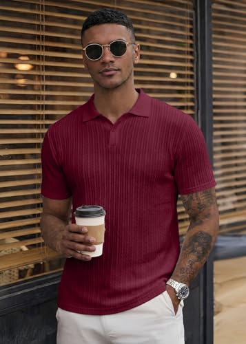 Image of JMIERR Mens Casual Polo Shirt Summer Short Sleeve Vacation Button Beach Knit Stretchy Golf Shirts