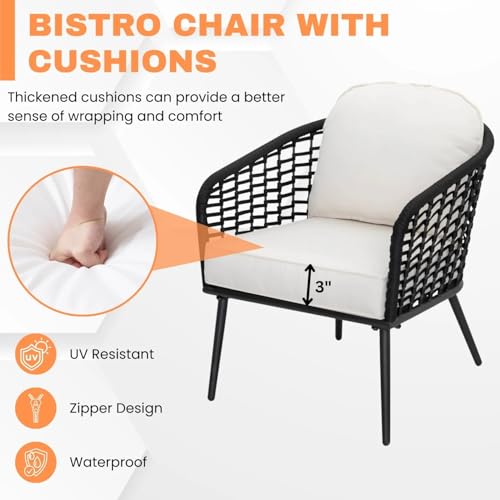 Image of LOCCUS 3-Piece Outdoor Patio Furniture Set | 2 Rope Wicker Chairs + 1 Round Glass-Top Side Table | All-Weather Rattan Conversation Set for Balcony, Garden & Patio | Comfortable & Compact Design