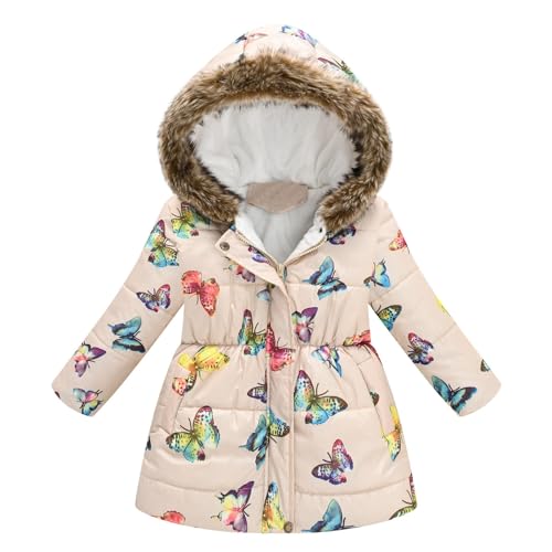 Girls Long Parka Winter Coat Kids Toddler Butterfly Floral Puffer Jacket Fleece Lined Faux Fur Collar Hooded Coats