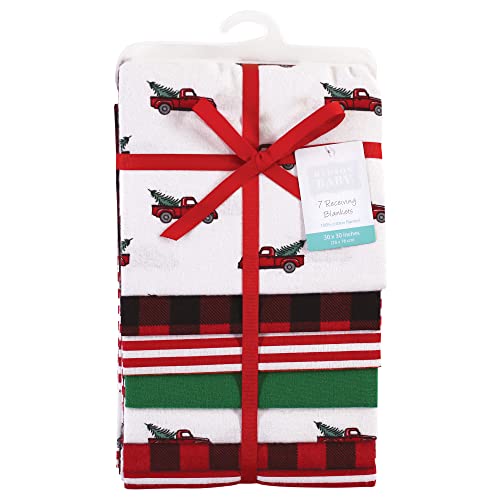 Image of Little Treasure Hudson Baby Cotton Poly Flannel Receiving Blankets Multipack, Red Christmas Tree Truck, 30x30 inches